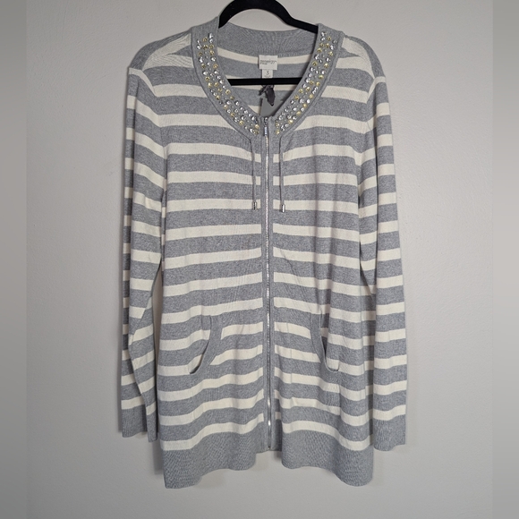 XL NWT Zenergy Chico's Cotton Cashmere Blend Striped Embellished Sweater Jacket